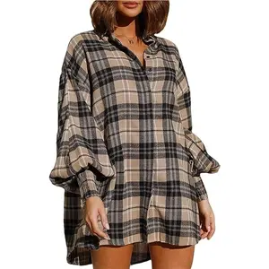 Women’s Flannel Dress Long Lantern Sleeve Button Down Casual Plaid Shirt Dress Oversized Blouse Tops