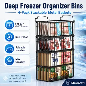StowCraft Stackable Metal Freezer Organizer Bins - Foldable Storage Baskets for Chest Freezer, Fridge & Pantry - Rust-Proof Space Saving (2/4/6/8 Pack)