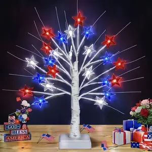 One pack: July 4th patriotic decorative tree lights, 24 LED red/white/blue star lights, USB/battery powered artificial birch tree, suitable for Independence Day home desktop party decorations.