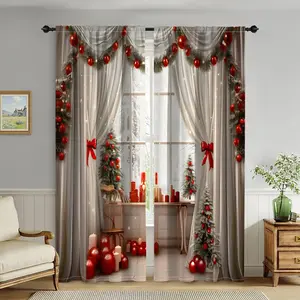 2PCS Exquisite Christmas decorative printed filter Curtains Window Curtain - Farmhouse style decorative washable polyester curtains, suitable for various rooms - Christmas home theme decoration
