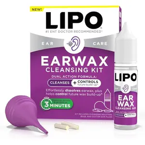 Lipo Earwax Cleansing Kit, Cleansing Ear Drops, Bulb Syringe, and Cotton Plugs, Effortlessly Dissolves Ear Wax, Easy to Use Ear Wax Removal Kit, Clinically Tested Peroxide-Free, 0.5 Fl Oz