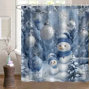 Blue Winter Shower Curtain Set, Snowman & Decorative Balls Design, Waterproof Polyester Fiber, Includes Hooks, Toilet Lid Cover & Non-Slip Mat