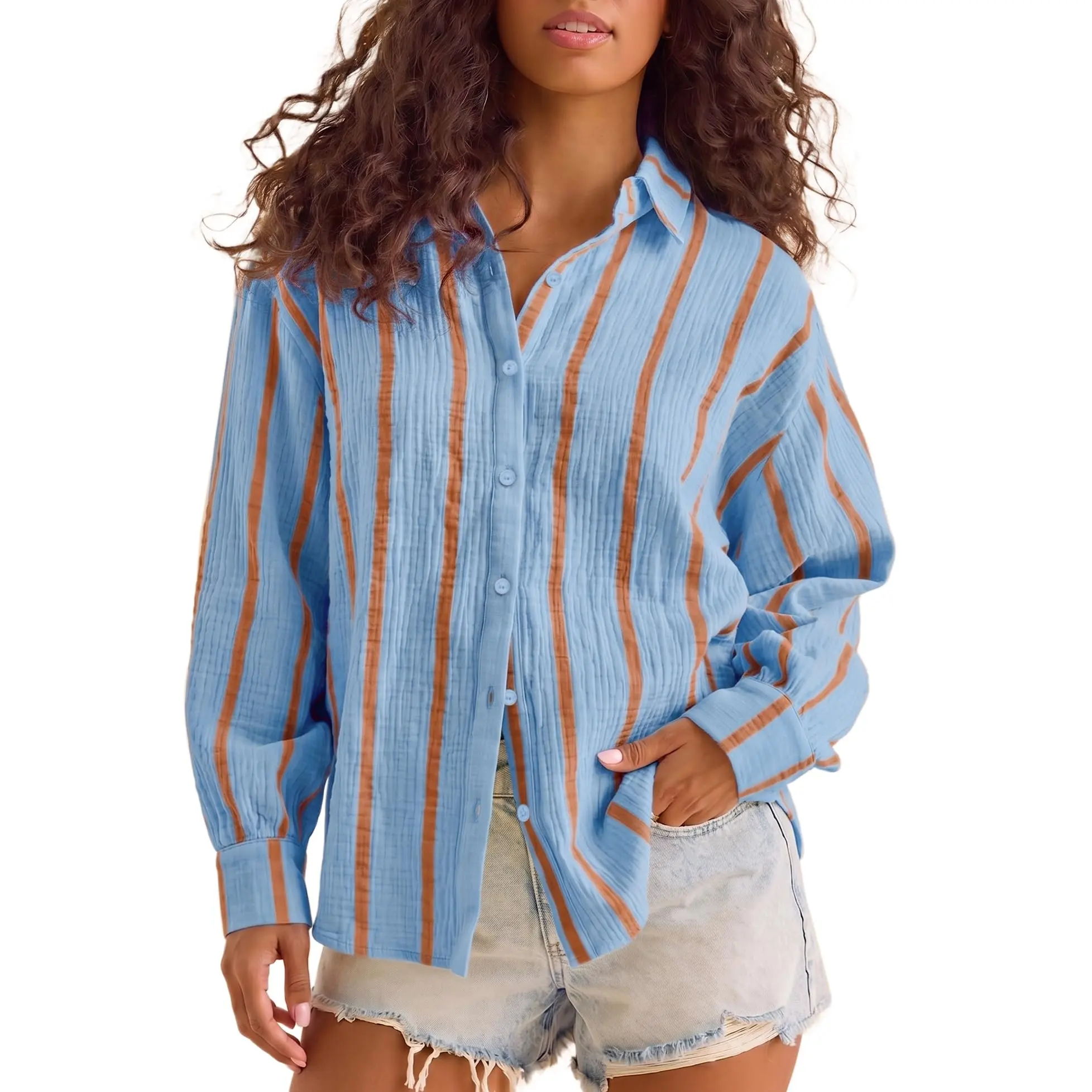 Songling Striped Shirts Blouse for Women Boyfriend Gauze Shirt Oversized Summer Beach Top Long Sleeve Loose Fit Shirt Swimsuit