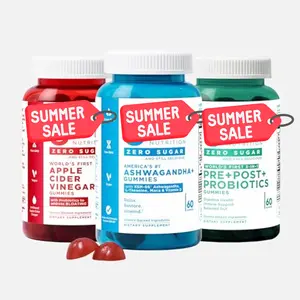 Zero Sugar Trio- World's First 3-in-1 Pre, Post, Probiotic, Apple Cider Vinegar with Vitamin B12 and Probiotics, Ashwagandha & L-Theanine, Vitamin D gummies. Vegan, Gelatin & Gluten-Free, Non-GMO