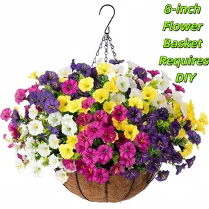 Morning Glory Hanging Baskets, Hanging Planters, Refreshing Mix of White, Yellow & Purple UV Resistant Flowers with Eucalyptus for Porch & Garden