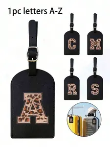 TSA certified luggage letter label, PU leather personalized leopard print letter A-Z luggage tag, privacy protected business card holder, leopard print cute letter travel backpack label