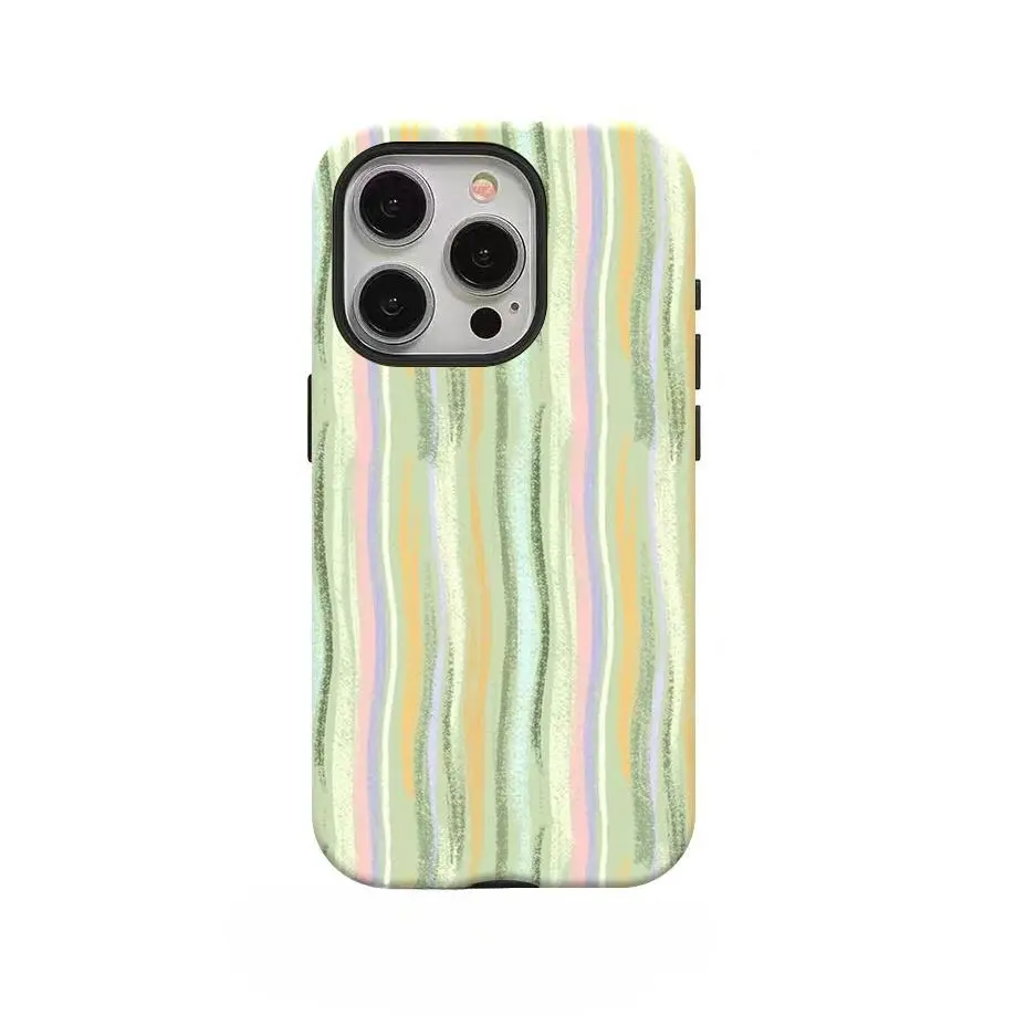 Stylish design with green wavy stripe pattern, dual-layer protective case, sturdy and durable 2-in-1 protective case, compatible with iPhone 17/16/15/14/13/12/11 Pro Max/Plus/Pro, Samsung Galaxy S25/S24/S23 Ultra series, simple and stylish phone case.