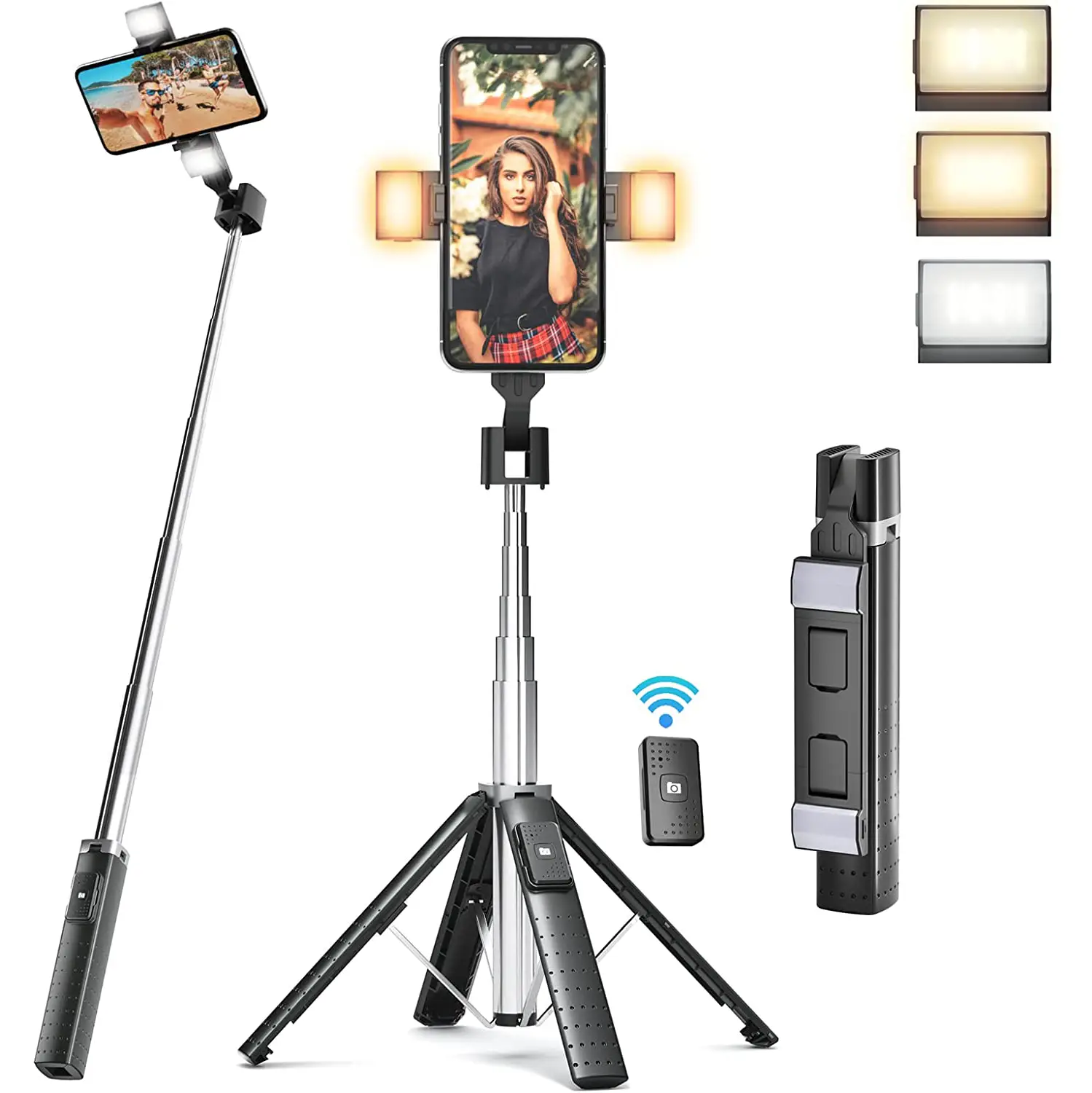 41" Selfie Stick Tripod with Fill Light, Portable Phone Tripod, Adjustable with Wireless Remote, 3 Light Modes, Gifts for Girls