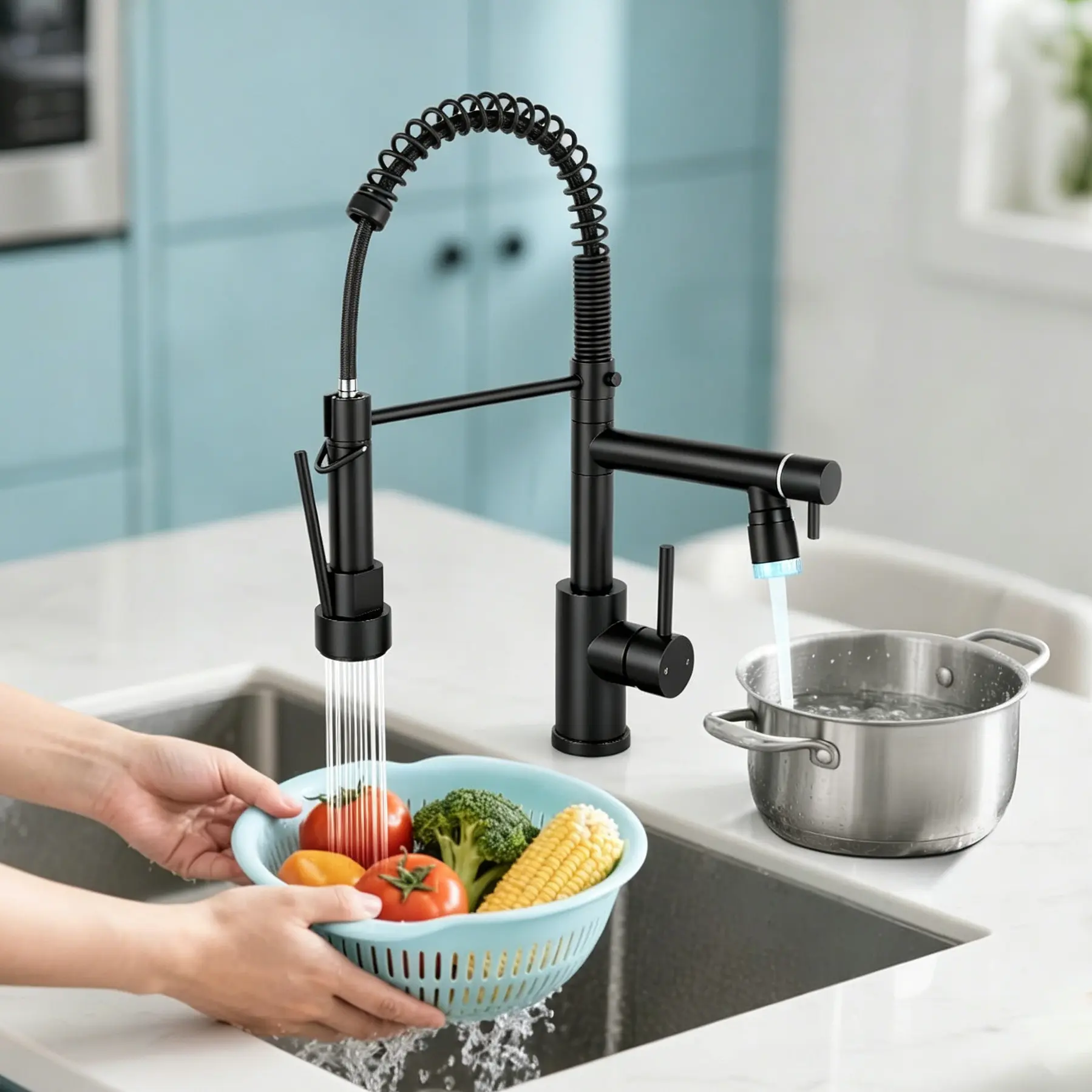 Kitchen Faucet LED Kitchen Faucet with Pull Down Sprayer Matte Black Single Handle Commercial Kitchen Faucets, 2-Spout Kitchen Sink Faucet,  Spring Pull Out Sink Faucet