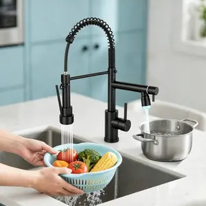 Kitchen Faucet LED Kitchen Faucet with Pull Down Sprayer Matte Black Single Handle Commercial Kitchen Faucets, 2-Spout Kitchen Sink Faucet,  Spring Pull Out Sink Faucet