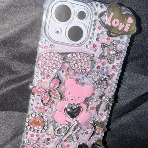 Pink and Silver iPhone 15 Case with Rhinestones and Love Charm Smartphone Cellphone Cover