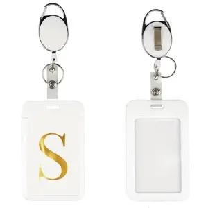 Initial Letter Pattern ID Badge Holder with Keychain, 1 Set Slimline Vertical ID Badge Holder with Spring Clip, Work Name Card Sleeve Case with Retractable Reel for IDs, Hotel Key Cards & Passes