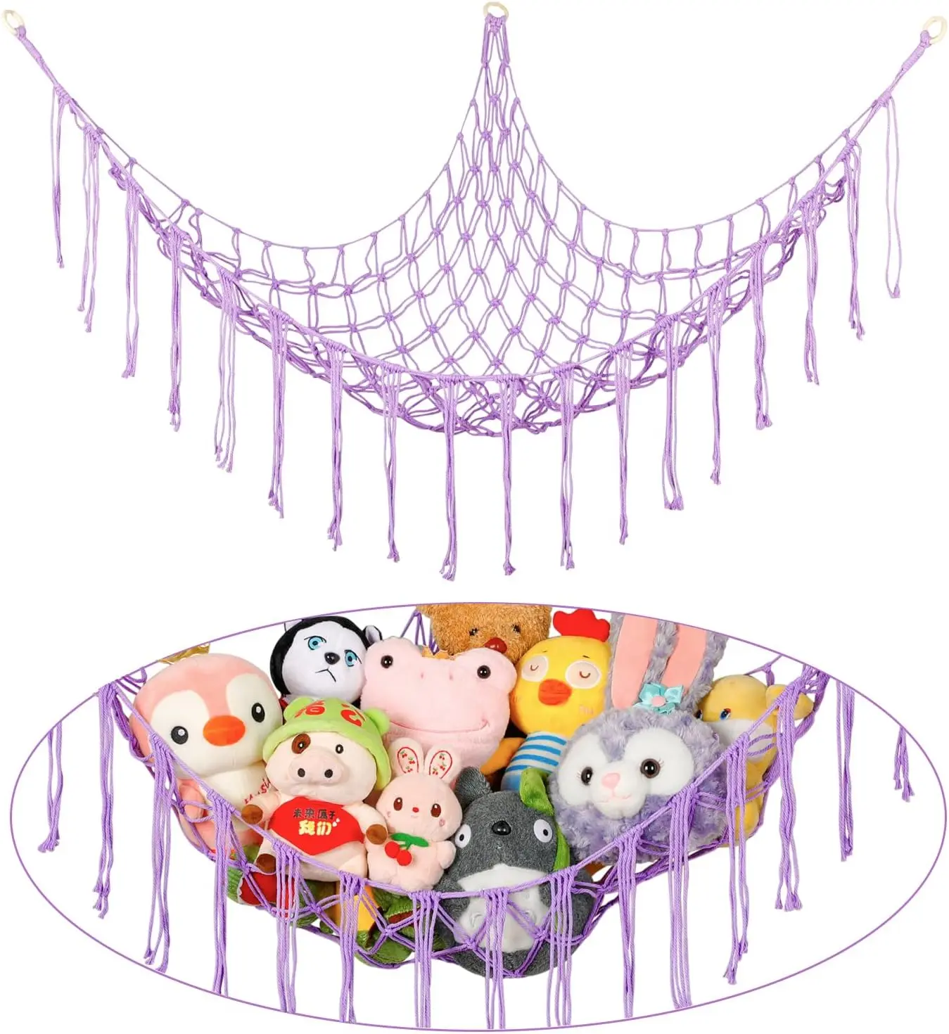 Stuffed Animal Hammock Corner, Hand-knitted Large Plushie Net Toy Hammock with Wooden Rings | Boho Cute Stuff Animal Storage for Nursery & Bedroom | Mesh Kids Toy Organizer Holder Nursery Room Decor