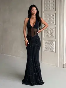 Women's Summer Elegant Sparkling Waist Transparent Backless Dress Formal Wear, Perfect for Graduation Dance Parties Birthdays Dates Weddings Guests