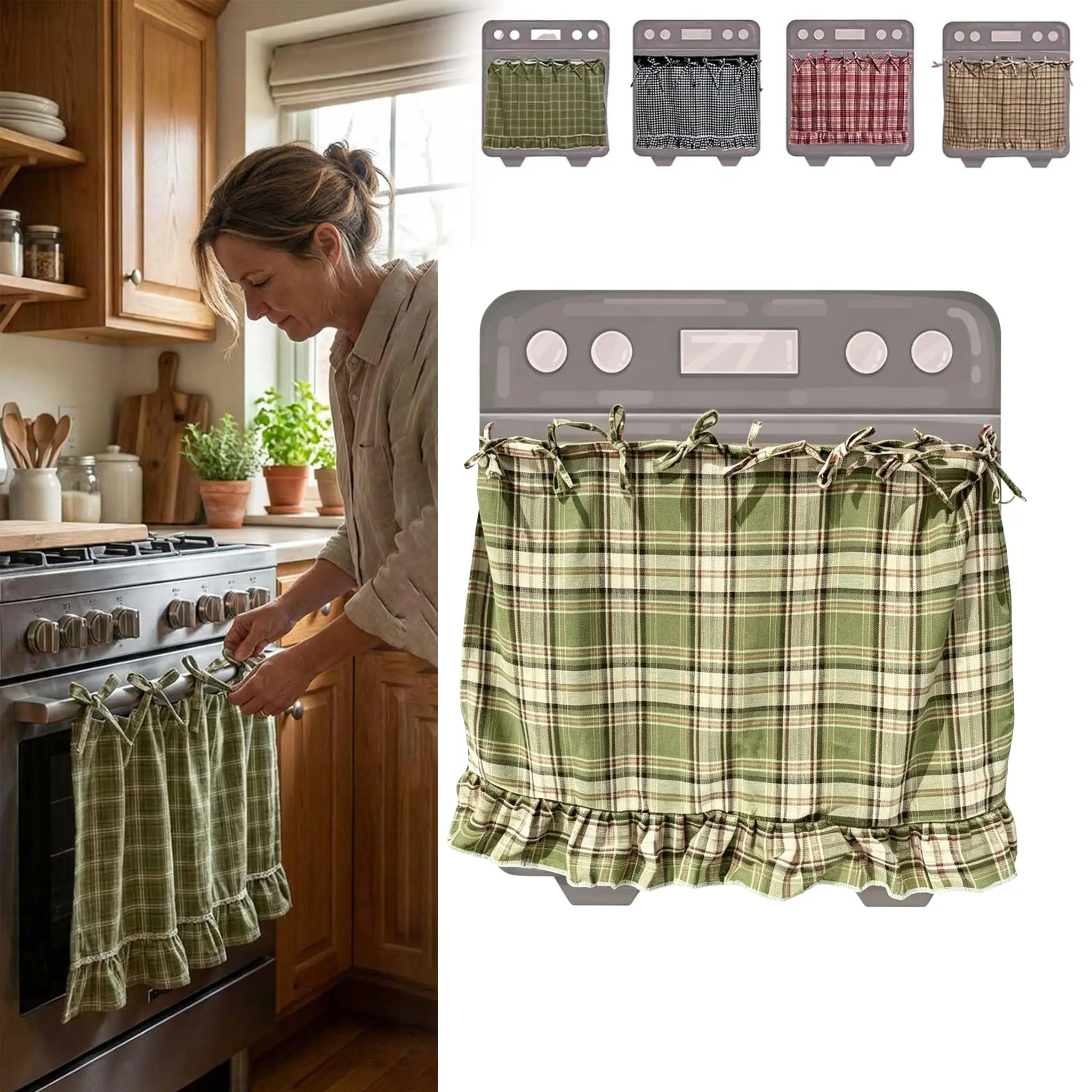 Handmade Farmhouse Oven Skirt Curtain Heat Resistant Tie Top Cover for Oven Dishwasher Washing Machine Easy Install Hide Mess Kitchen Decor