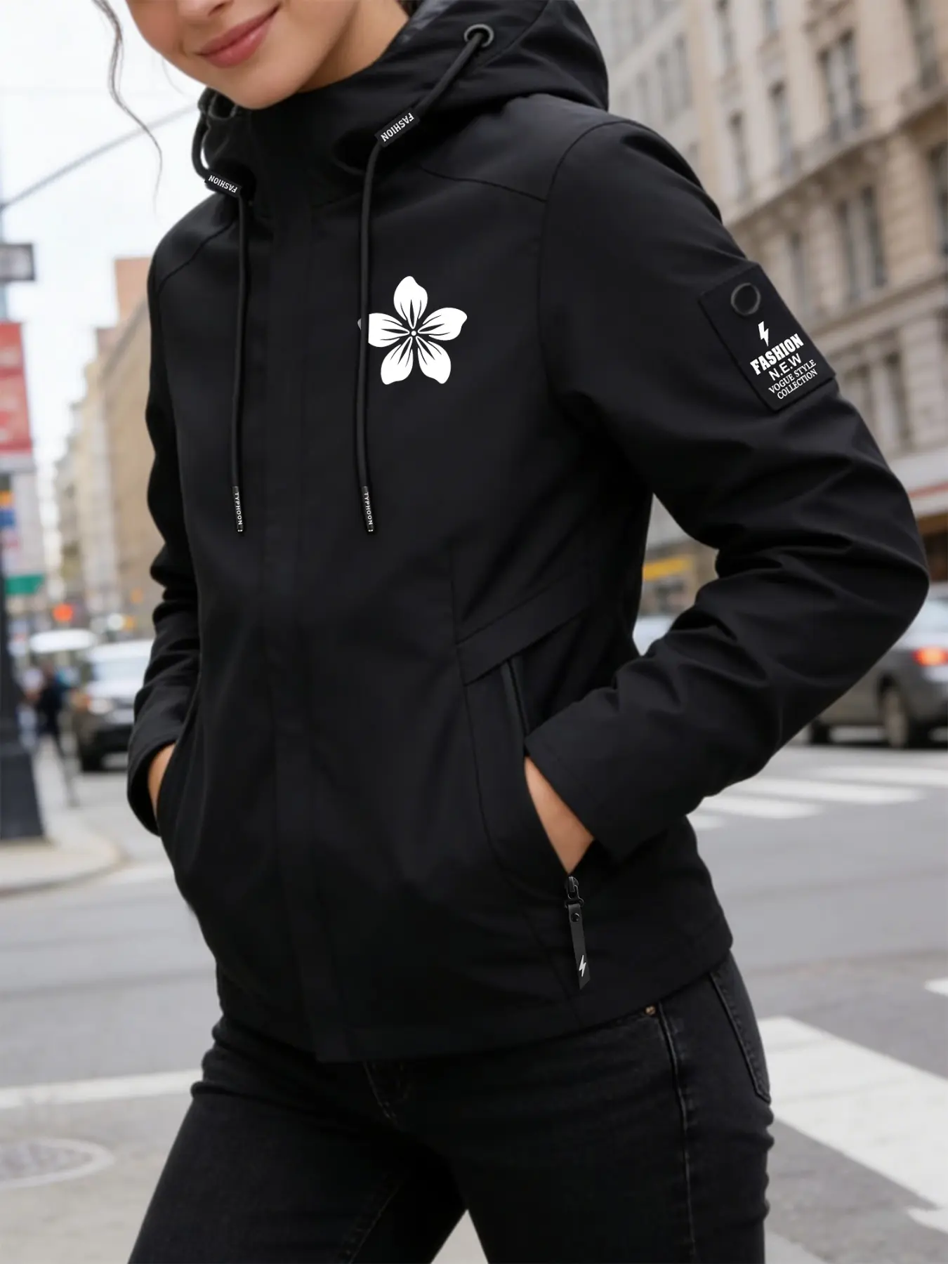 Women's Hooded Windbreaker, Fashion Casual Outerwear, Sakura Flower Print Outdoor Windproof Multi-Color Stand Collar Loose All-Season Wind Coat Ideal for Daily Commute Hiking Wear Soft Comfortable Breathable Machine Washable