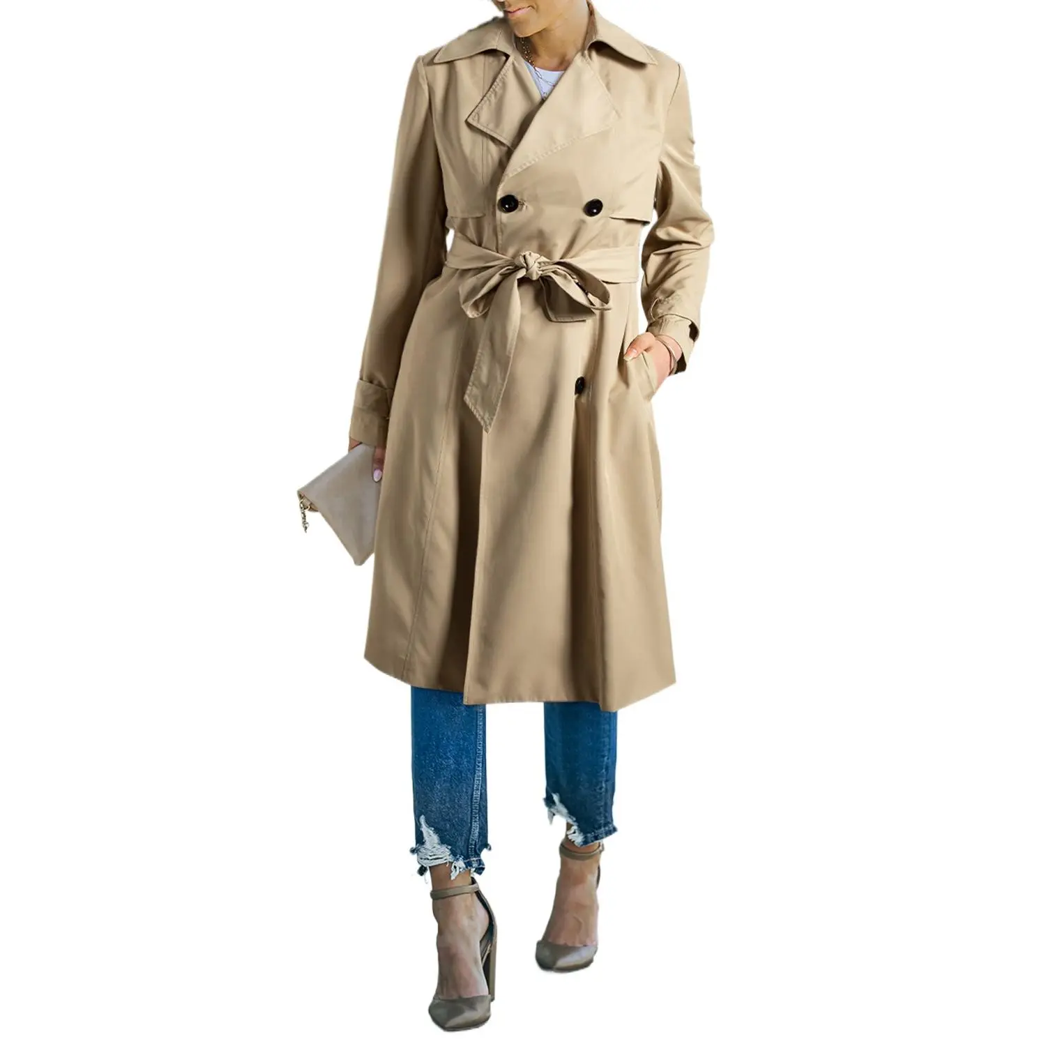 Women's Chic Long Coat - Modern Fashion Duster Jacket, Elegant Solid Long-Sleeve Casual Button-Down Outerwear with Lapel Collar, Waist Tie, Women's Tops & Clothes