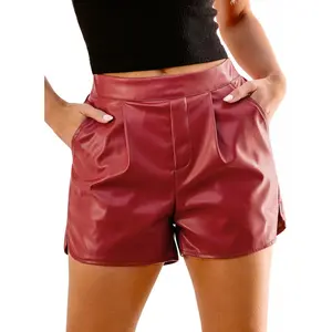 Faux Leather Shorts for Women High Waisted Pleated Wide Leg Stretchy Shorts with Pockets PU Leather Pants
