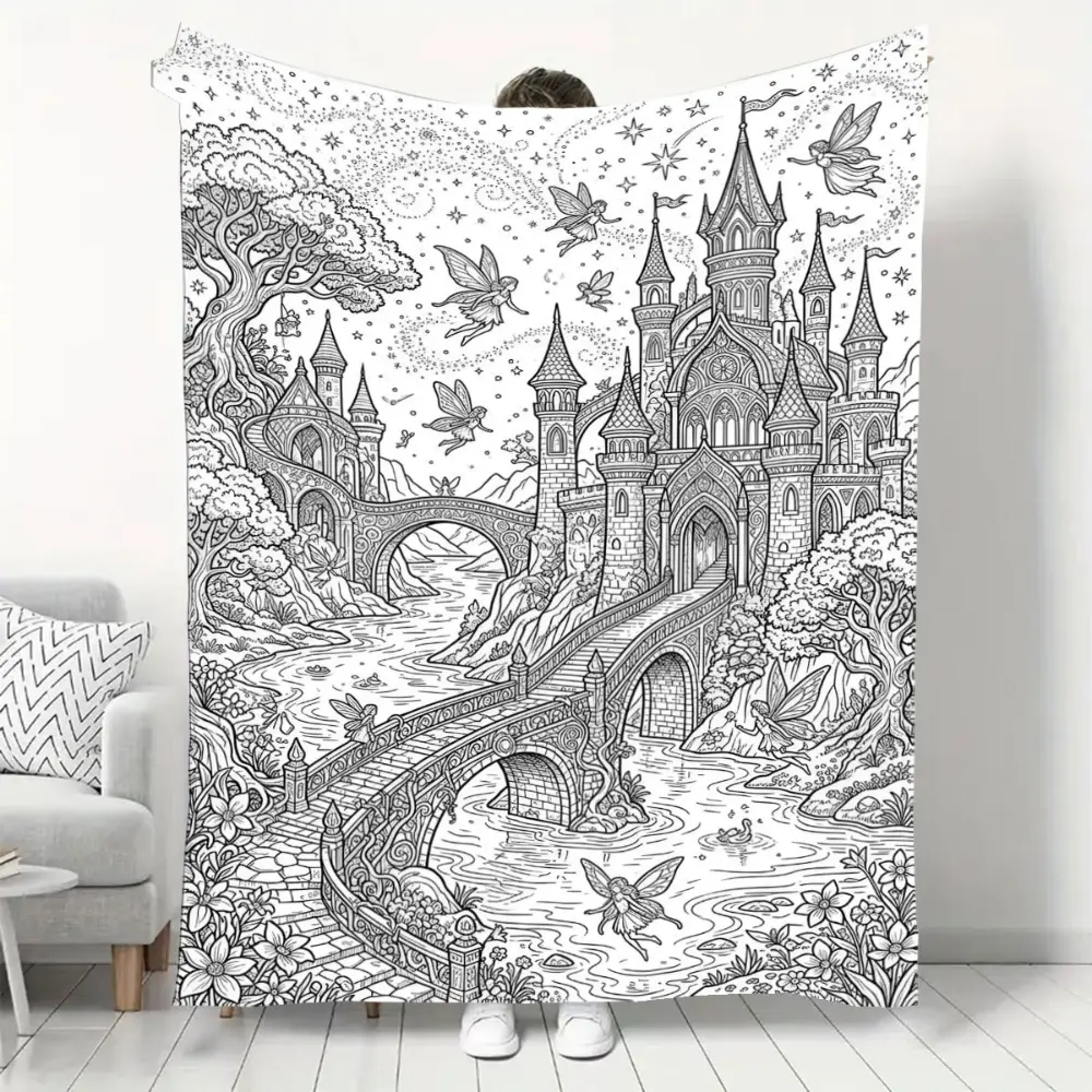 Fairy Tale Castle Coloring Book Style Blanket, Soft Flannel Throw Blanket with Black White Fantasy Castle Fairy Print, Cozy Gift for Kids Girls Teens and Art Lovers, Magical Room Decor for Bed Couch Sofa Dorm, Lightweight Blanket for Naptime Movie Night