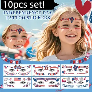 10 Sheets 2026 American Flag Patriotic Stickers & Face Tattoos, for 4th of July Independence Day Makeup, American-themed decorative stickers for men and women, ideal for holiday party decorations.