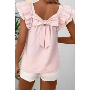Textured Bow Knot Frilled Butterfly Sleeve Blouse