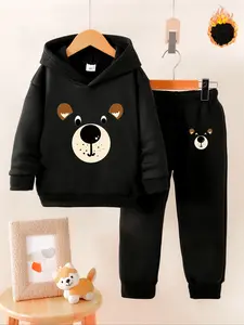 Autumn Winter Kids Fleece Set, Cute Bear Print Hoodie & Jogger Pants Two-Piece, Warm Casual Wear for Boys Girls, Ideal Gift