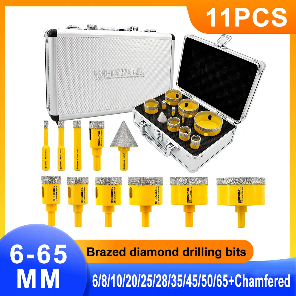 HIGHDRIL 11PCS Vacuum Brazed Diamond Hole Saw Set, Wet/Dry Core Drill Bits with Triangle Shank for Porcelain Tile Ceramic Marble Granite Brick Concrete