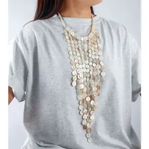 Women's Natural Iridescent Shell Slice Waterfall Fringe Long Pendant Necklace - Multi-Strand Woven Rope, Bohemian Chic Lightweight Oversized Statement Accessory for Beach, Daily Use