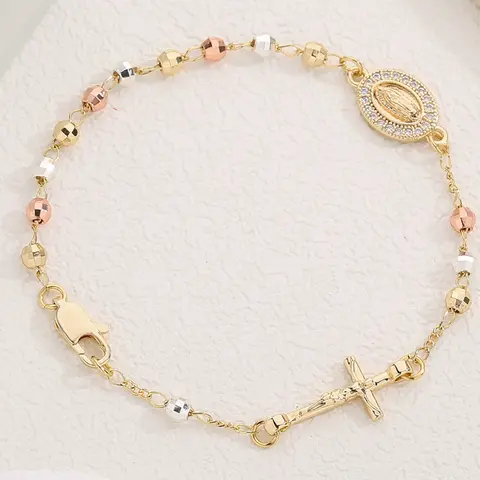 Three-Color Copper Rosary Bracelet, Classic Prayer Beads with Cross, Unisex Jewelry, Inspirational Jewelry, Faith Wear Jewelry, Perfect Religious Jewelry Gift for Valentine's Day, Birthday, All Seasons