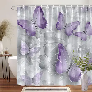 1Pc Floral Butterfly Shower Curtain Polyester Fabric Bathroom Decor Bathtub Screen Hanging Curtain 70.8x70.8 Inch with 12 Hooks Elegant Purple Monarch Design for Modern Home Decor