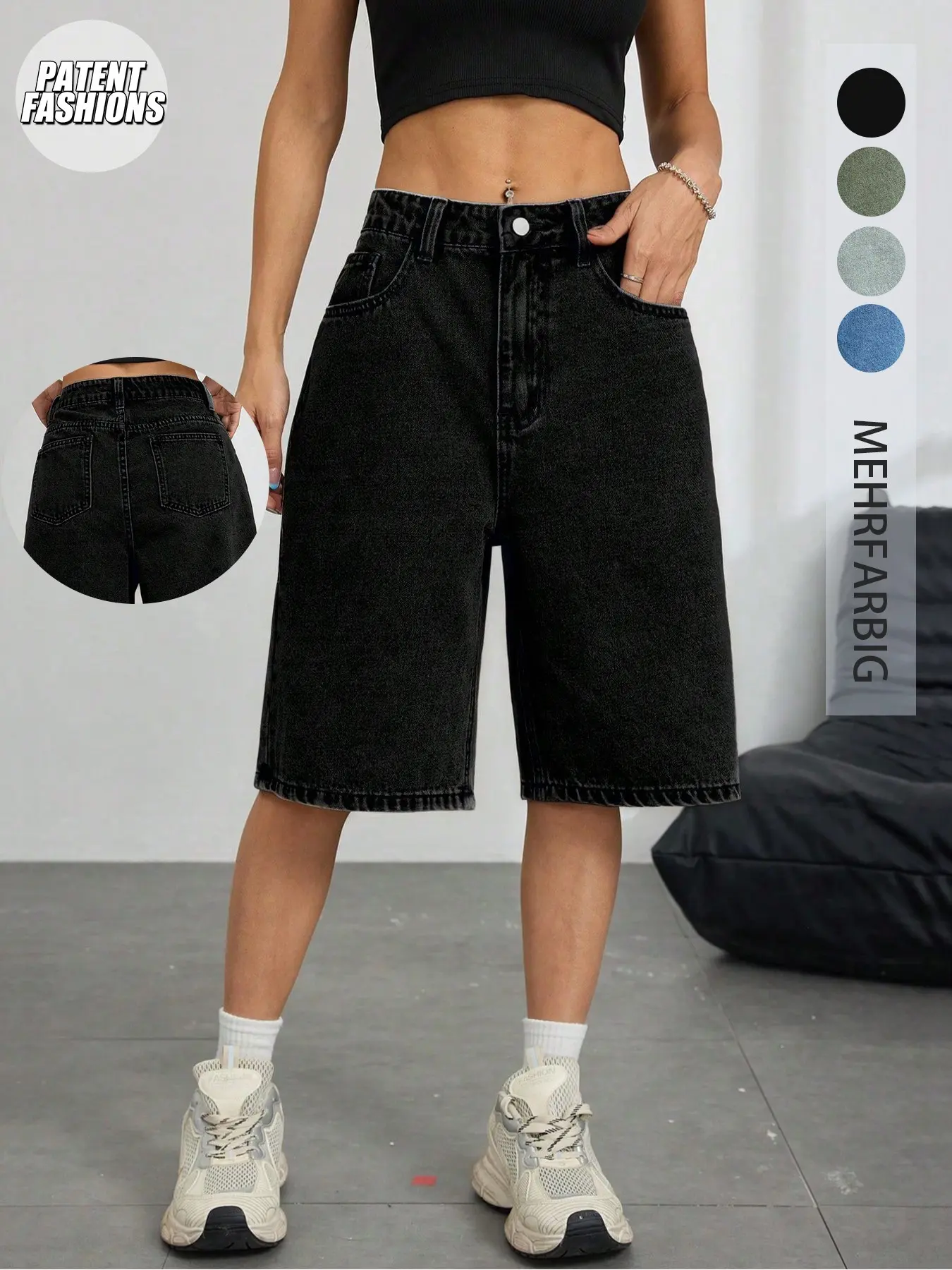 Solid Wash Blue Bermuda Denim Button Fly Shorts for Women, Basic Casual Sporty Fitted Style with Pockets and Button, Perfect for Daily and Outdoor Activities in Spring & Fall