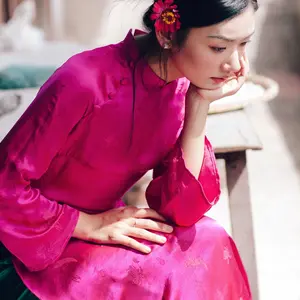 "Lien Hoa" Ao Dai set - Silkworm Silk in Magenta [Traditional cut]