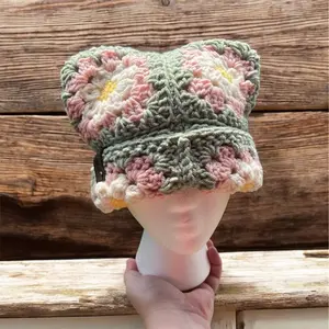 Daisy Flower Crochet Granny Square Cat Ear Beanie,Oversized Multicolor Granny Square Beanie, Spring/Summer Colors-Sage, Yellow, Pink & White