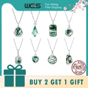 WES 925 Sterling Silver Natural Moss Agate Pendant Necklace for Woman Forest Jewelry Engagement party Gift Boho Style