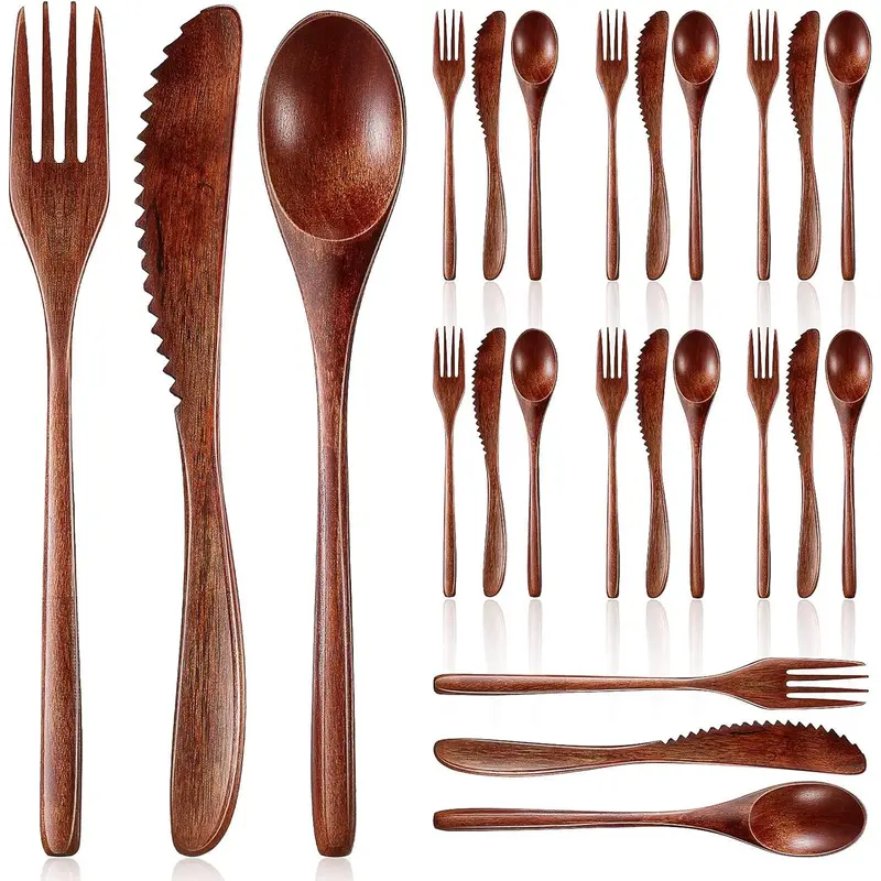 Phoebe Wooden Reusable Serving Utensils Tool Kit - 24pcs Mix Set with 12pcs Optional, 9" Size Tableware (Fork, Spoon Included), Compact Lightweight Cutlery for Daily Meals, Camping, Soup-to-salad Use