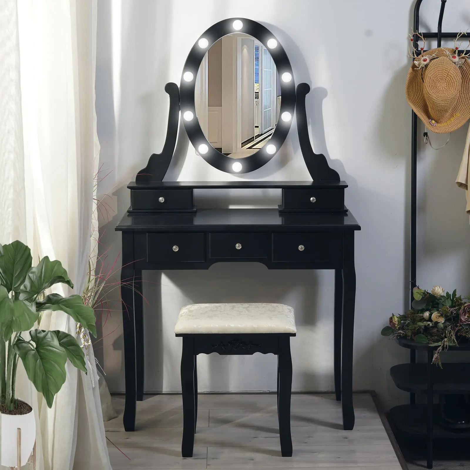 Garvee Modern Makeup Vanity Desk with Lights - LED Vanity Table with Illuminated LED Bulbs, Padded Stool, 5 Drawers, Organization & Storage, Ideal for Women's Bedroom Use, Girls