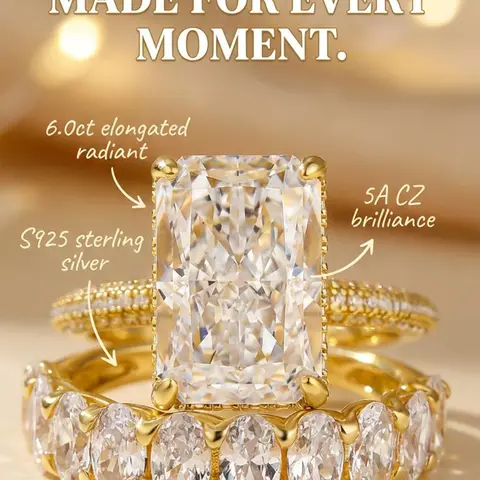 Effinny Fade-Resistant 6.0ct Elongated Radiant Cut 14K Gold Plated Wedding Ring Set In S925 Sterling Silver, 5A CZ Fashion Bridal Ring for Wedding, Party, Travel, Engagement Rings