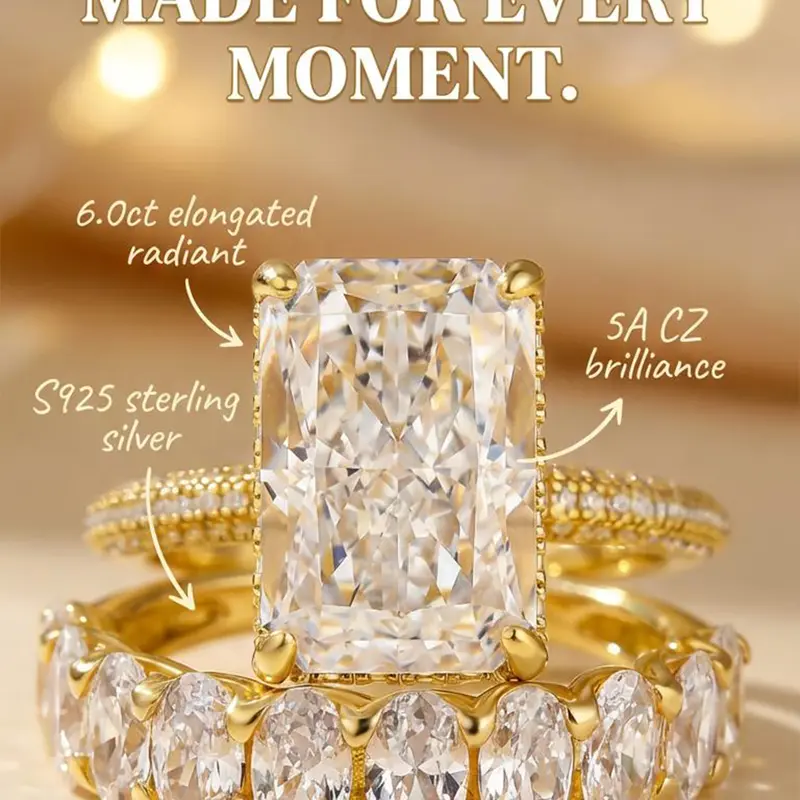 Effinny Fade-Resistant 6.0ct Elongated Radiant Cut 14K Gold Plated Wedding Ring Set In S925 Sterling Silver, 5A CZ Fashion Bridal Ring for Wedding, Party, Travel, Engagement Rings