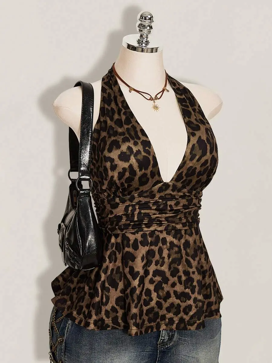 Women's Plus Size Halter Top Backless Deep V Fitted Tank for Club Nights and Dinner Dates