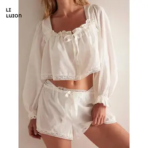 (95% cotton)Women Ruffle Pajama Set Long Puff Sleeve Babydoll Shirt Lace Trim Top with Shorts Set 2 Piece Soft Pj Outfit