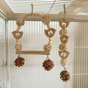Pine Cone & Vine Ball Parrot Toy, Bird Cage Chewing Teething Items for Small Medium Parrots, Climbing Educational Swing for Budgie Cockatiel Lovebird, Relieve Boredom Stress Relief