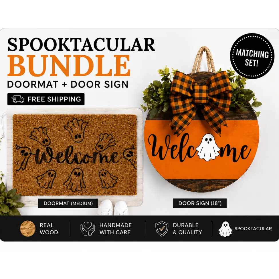 Halloween doormat, Halloween door sign, ghost doormat, ghost door hanger, Halloween front porch decor, Halloween porch bundle, spooky front door decor, cute Halloween decorations, farmhouse Halloween decor, Halloween home decor bundle.