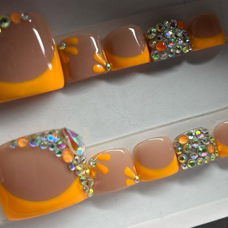 Pedicure Set with Orange Bling Design Featuring Sparkling Rhinestones and Vibrant Orange Accents for Stylish Foot Care