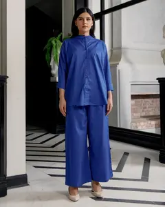 Women's Royal Blue Tunic Co-ord Set - 100% Cotton, Band Collar, Button-Down, 3/4 Sleeves, Wide-Leg Trousers, Relaxed Fit, Versatile for Everyday & Statement Occasions