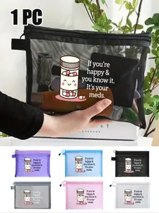 1pc Portable Medicine Bag,Smiley Face Medicine Bottle Pattern Mesh Bag, Travel - Friendly Medication Storage For Daily/Outdoor/Travel, Essential For Health - Conscious & On - The - Go Users, Must - Have Medical Accessory, Pattern Print Zipper Women's Cosm