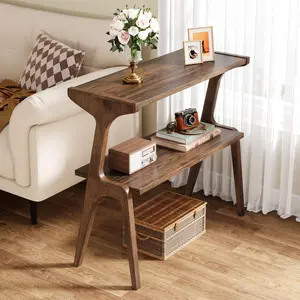 TRIBEWOOD 1Easylife Narrow End Table, 2-Tier Wooden Sofa Side Table with Storage Shelf, Tall Slim Bedside Table Nightstand for Living Room, Bedroom