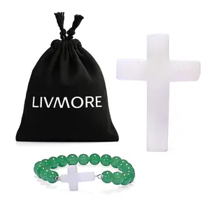 Livmore Green Aventurine Beaded Stretch Bracelet with Cross Charm 3In 230ctw