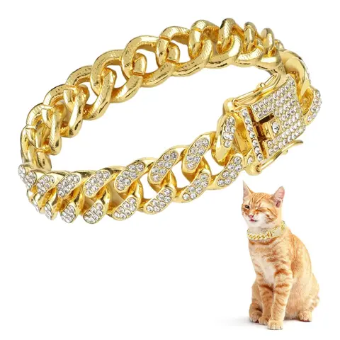 Cat & Dog Cuban Link Chain Collar with Rhinestones, Metal Chain with Secure Buckle, Pet Jewelry for Small & Medium Dogs, Cats, Kittens, Chic Appearance