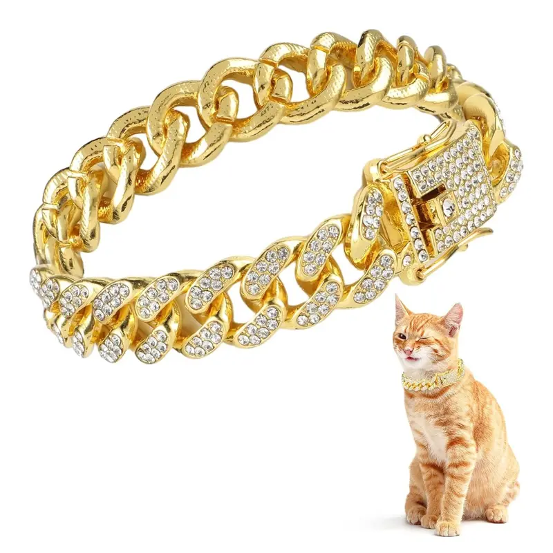 Cat & Dog Cuban Link Chain Collar with Rhinestones, Metal Chain with Secure Buckle, Pet Jewelry for Small & Medium Dogs, Cats, Kittens, Chic Appearance