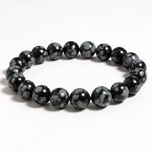 Snowflake Obsidian Bracelet – Natural Black Crystal Beads for Grounding, Protection & Emotional Clarity –  Stretch Healing Stone Jewelry for Men & Women